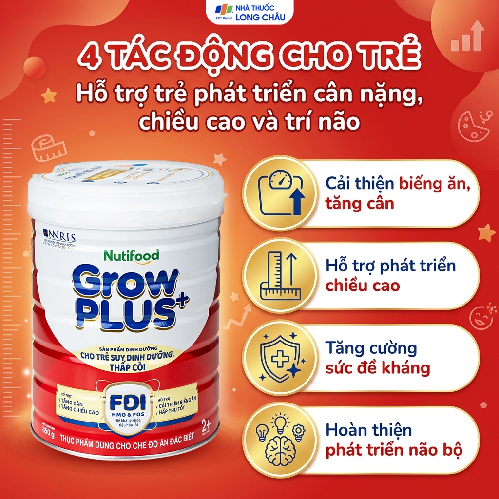 Hình ảnh Sữa cho trẻ suy dinh dưỡng, thấp còi (đỏ) Nutifood growplus+ 2+ (850g)