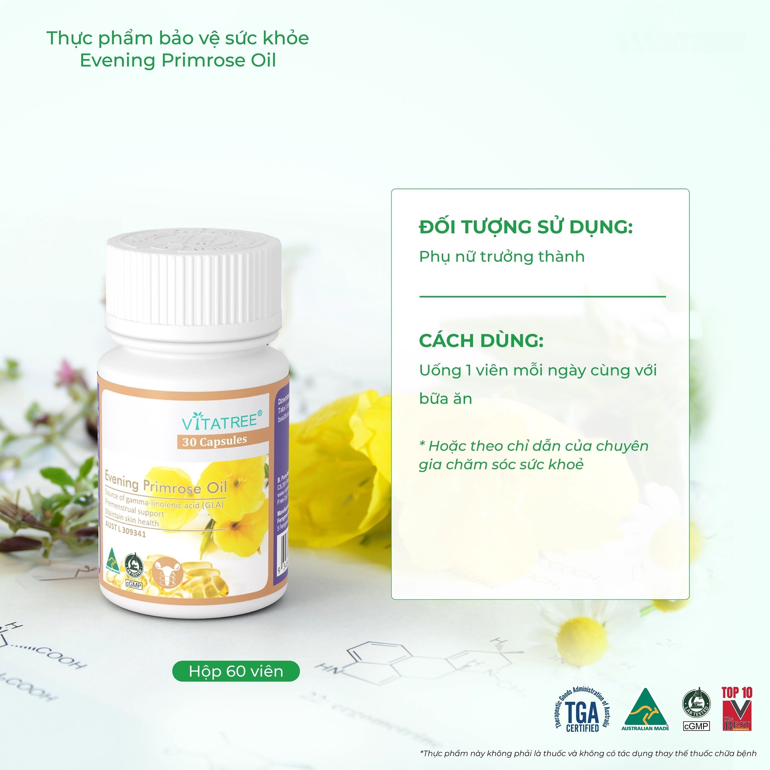 Hình ảnh Viên uống hỗ trợ giảm triệu chứng của tiền kinh nguyệt Vitatree Evening Primrose Oil (Hộp 30 viên)