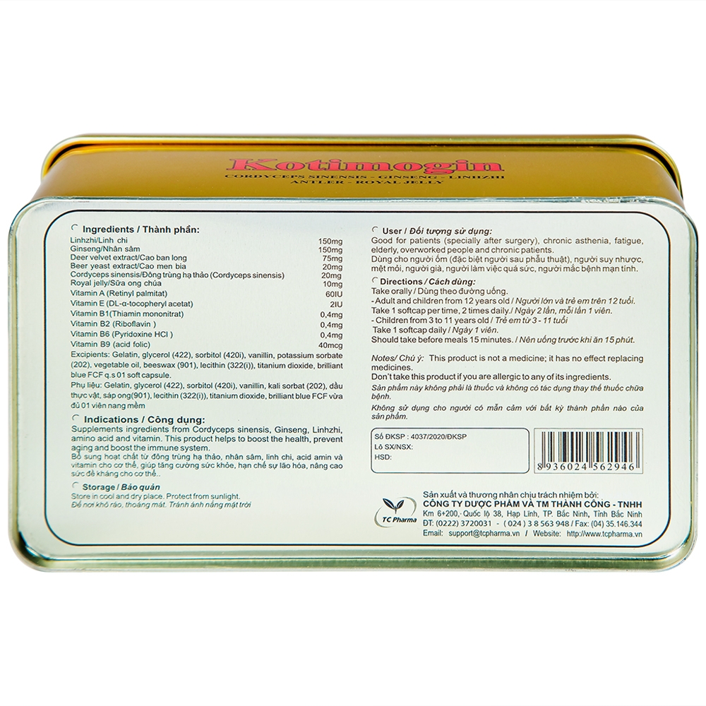 Hình ảnh Viên uống Sâm - Đông Trùng Hạ Thảo Kotimogin tăng cường sức khỏe (20 vỉ x 3 viên)