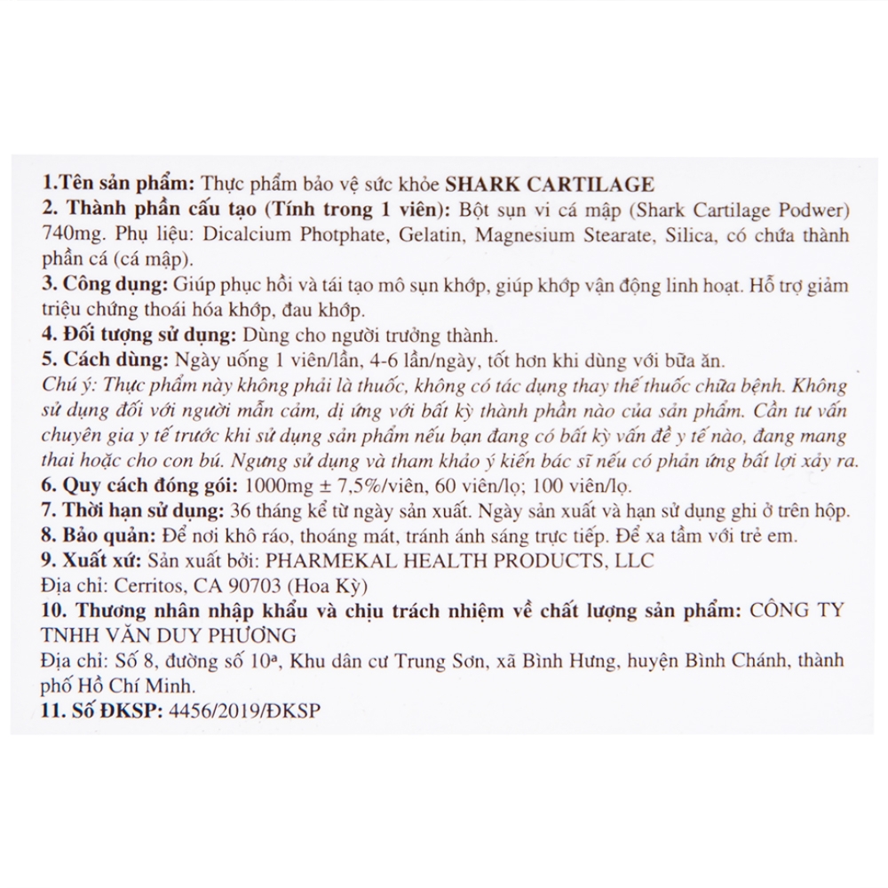 Hình ảnh Viên uống Shark Cartilage Pharmekal giúp phục hồi và tái tạo mô sụn khớp (60 viên)