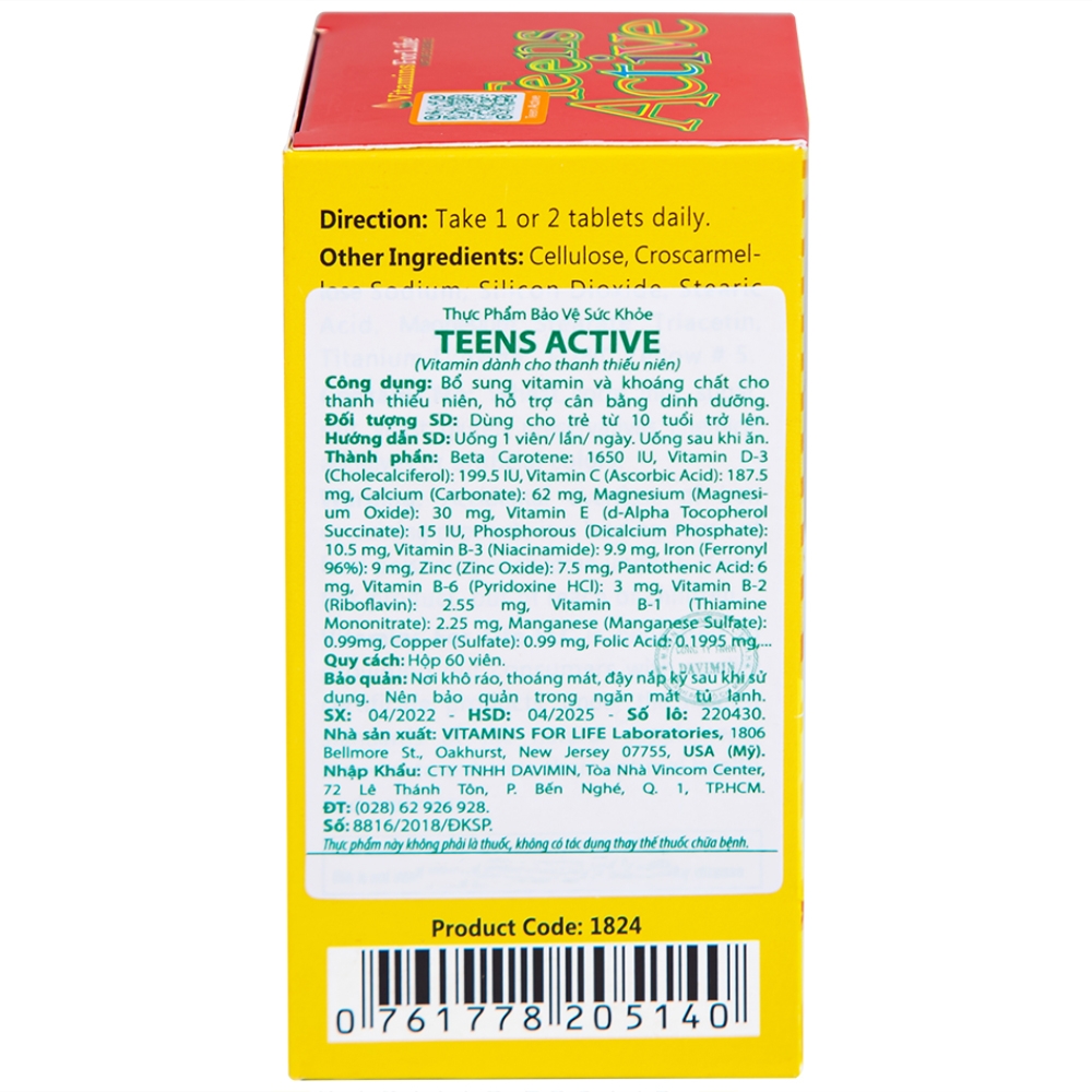 Hình ảnh Viên uống Teens Active Vitamins For Life bổ sung vitamin và khoáng chất cho thanh thiếu niên (60 viên)