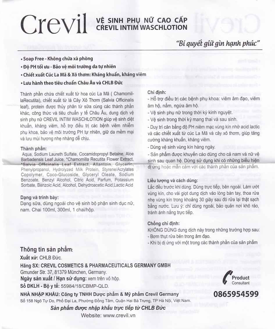 Hình ảnh Dung dịch vệ sinh phụ nữ Crevil Intim Waschlotion diệt khuẩn, kháng viêm (100ml)