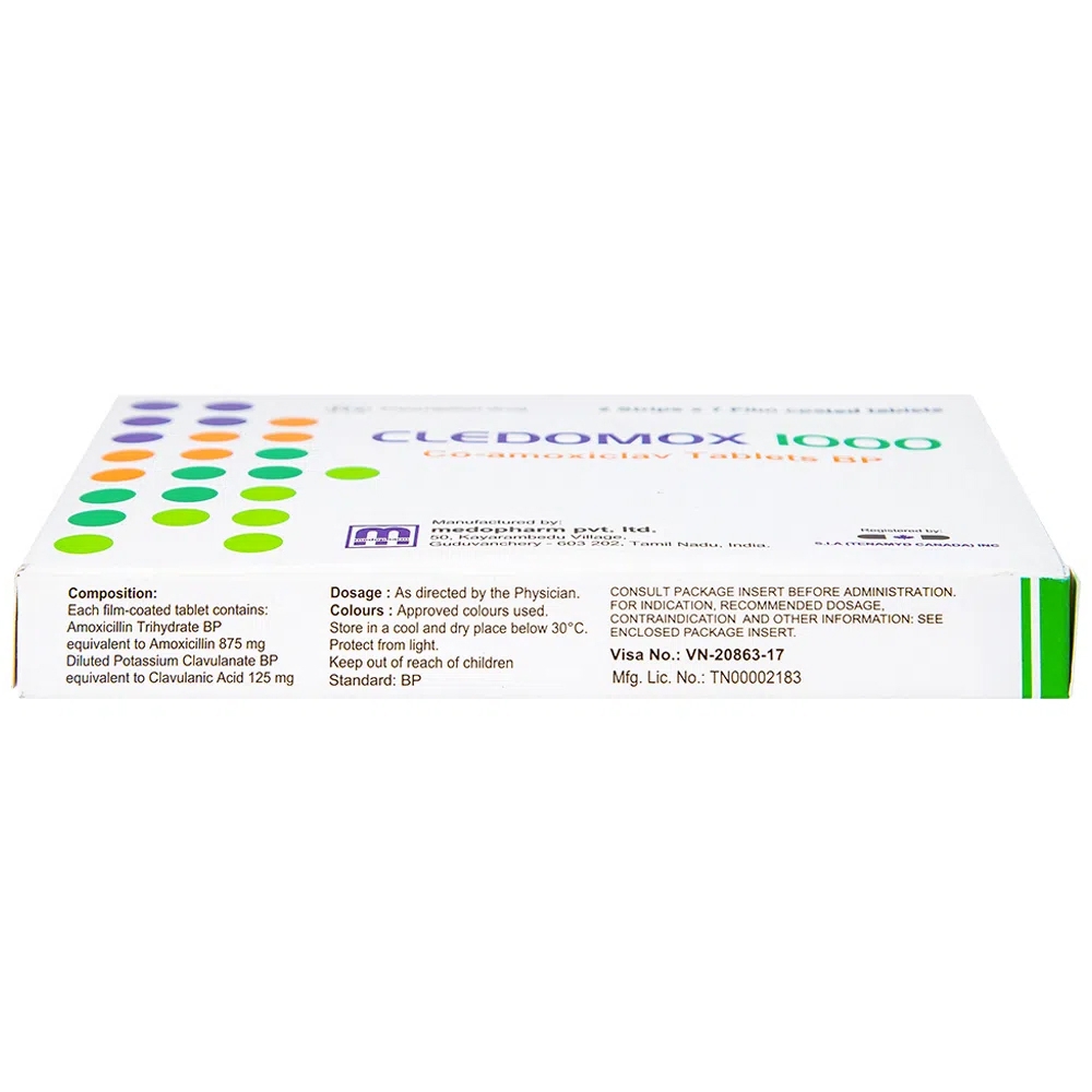 Hình ảnh Thuốc Cledomox 1000 Tenamyd điều trị các trường hợp nhiễm khuẩn (2 vỉ x 7 viên)