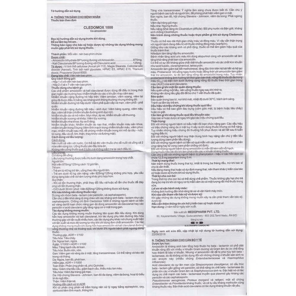 Hình ảnh Thuốc Cledomox 1000 Tenamyd điều trị các trường hợp nhiễm khuẩn (2 vỉ x 7 viên)