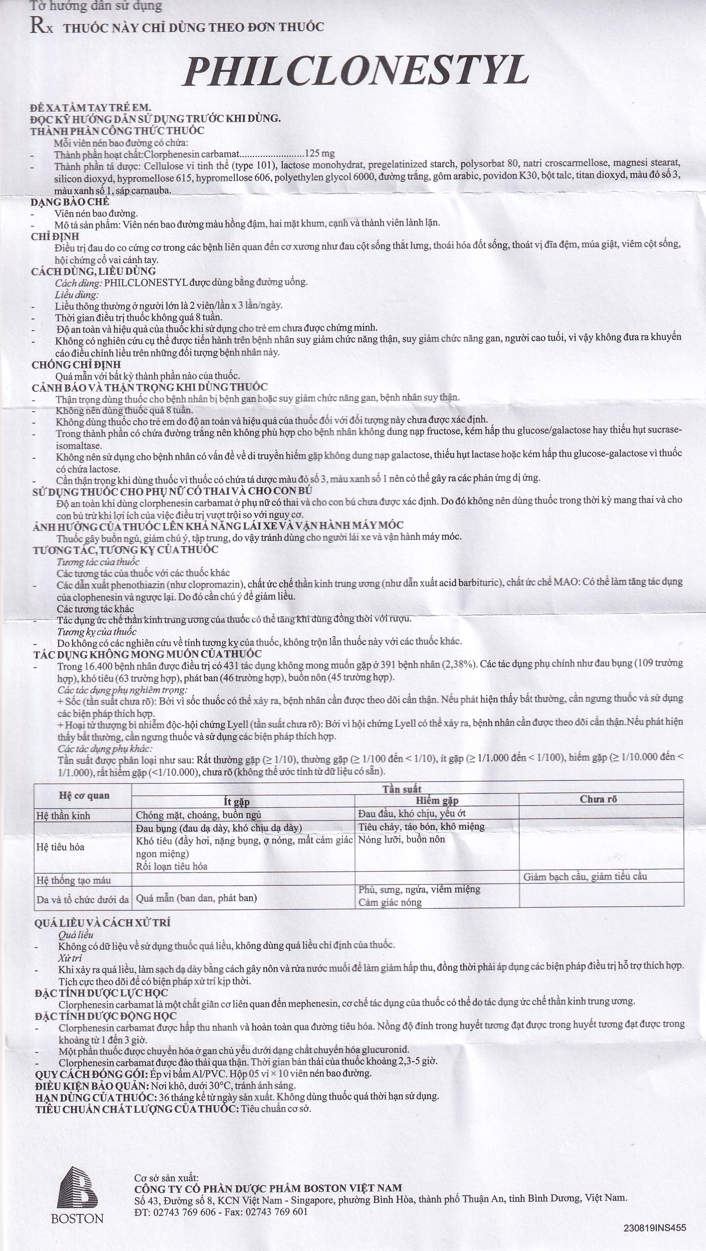 Hình ảnh Thuốc giãn cơ Philclonestyl 125mg Boston điều trị đau do cứng cơ (5 vỉ x 10 viên)
