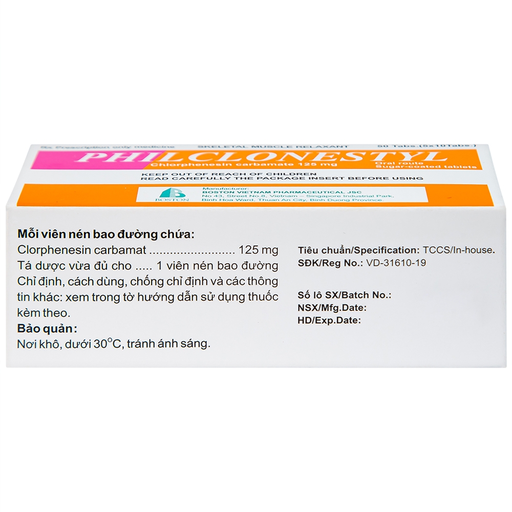 Hình ảnh Thuốc giãn cơ Philclonestyl 125mg Boston điều trị đau do cứng cơ (5 vỉ x 10 viên)