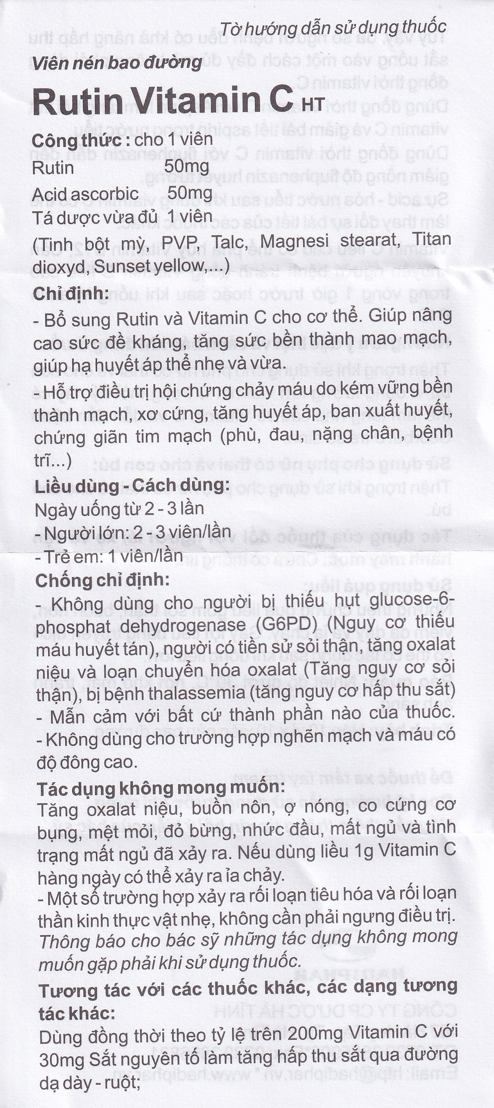 Hình ảnh Thuốc Rutin Vitamin C Hadiphar tăng sức bền thành mao mạch, điều trị chứng giãn tĩnh mạch (10 vỉ x 10 viên)