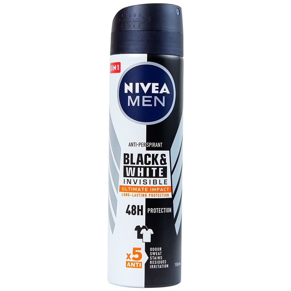 Hình ảnh Xịt ngăn mùi Nivea Men Black & White Invisible Ultimate Impact giảm vết ố vàng, mồ hôi và mùi trong 48h (150ml) 