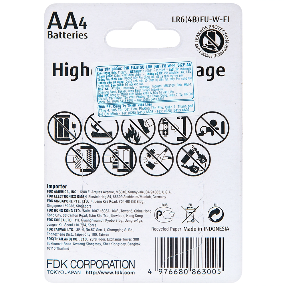 Hình ảnh Pin Fujitsu Alkaline LR6 (4B) FU-W-FI - AA (Vỉ 4 cục)