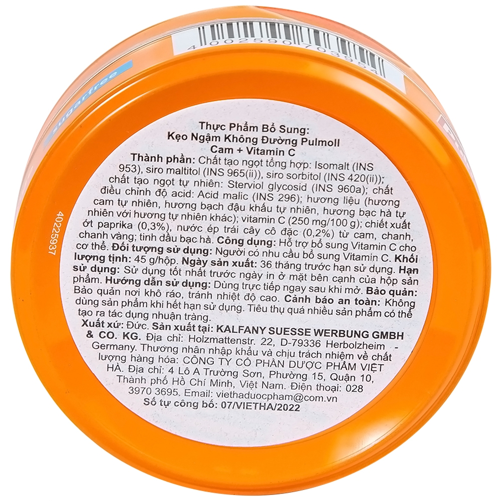 Hình ảnh Kẹo ngậm không đường Pulmoll vị cam và Vitamin C bổ sung vitamin, làm dịu họng và giảm ho (45g)