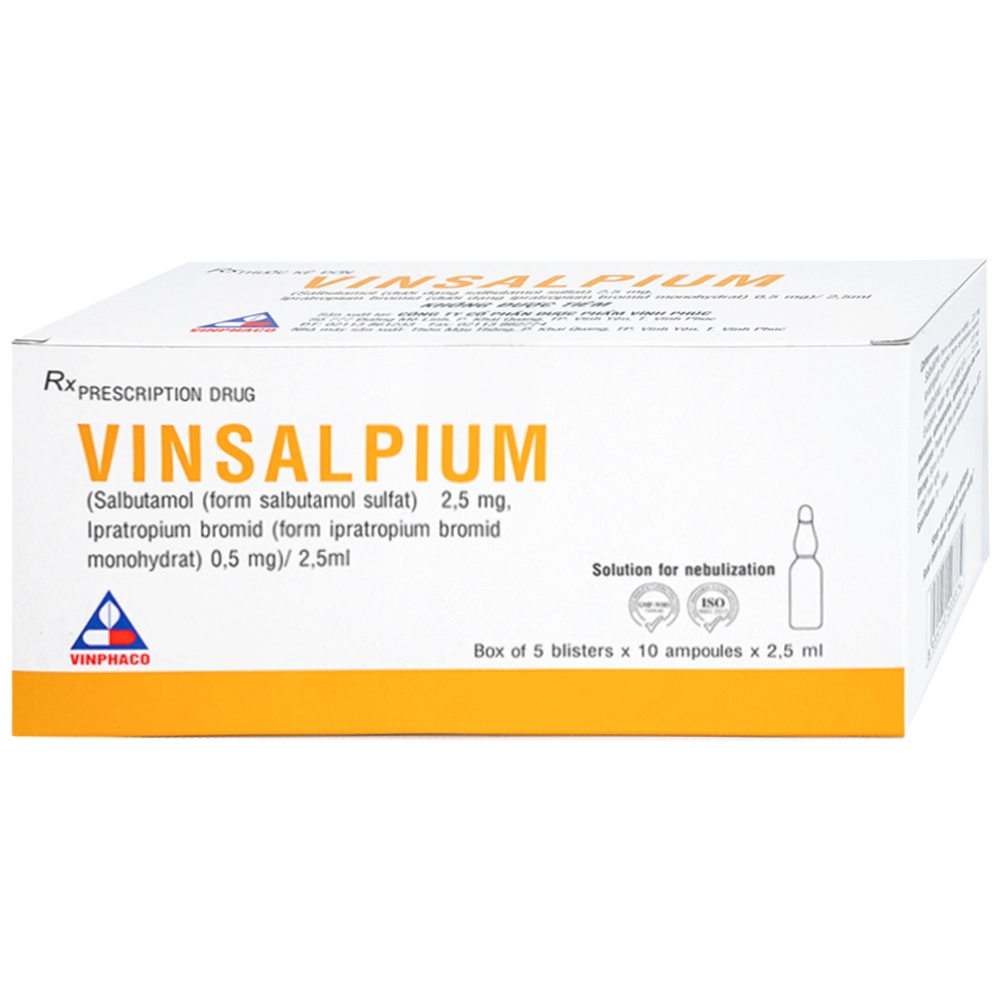 Hình ảnh Thuốc Vinsalpium 2.5mg Vinphaco điều trị co thắt phế quản có hồi phục liên quan đến bệnh tắc nghẽn đường thở (5 vỉ x 10 ống)