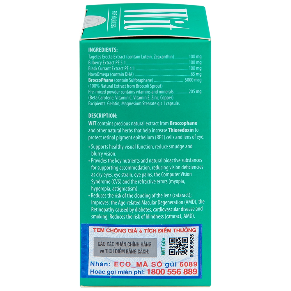 Hình ảnh Viên nang WIT For Your Eyes Ecogreen tăng cường thị lực, giảm mờ và nhòe mắt (60 viên)