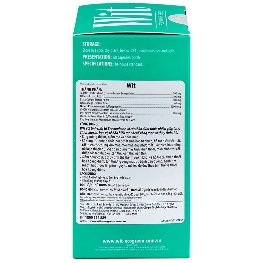 Hình ảnh Viên nang WIT For Your Eyes Ecogreen tăng cường thị lực, giảm mờ và nhòe mắt (60 viên)