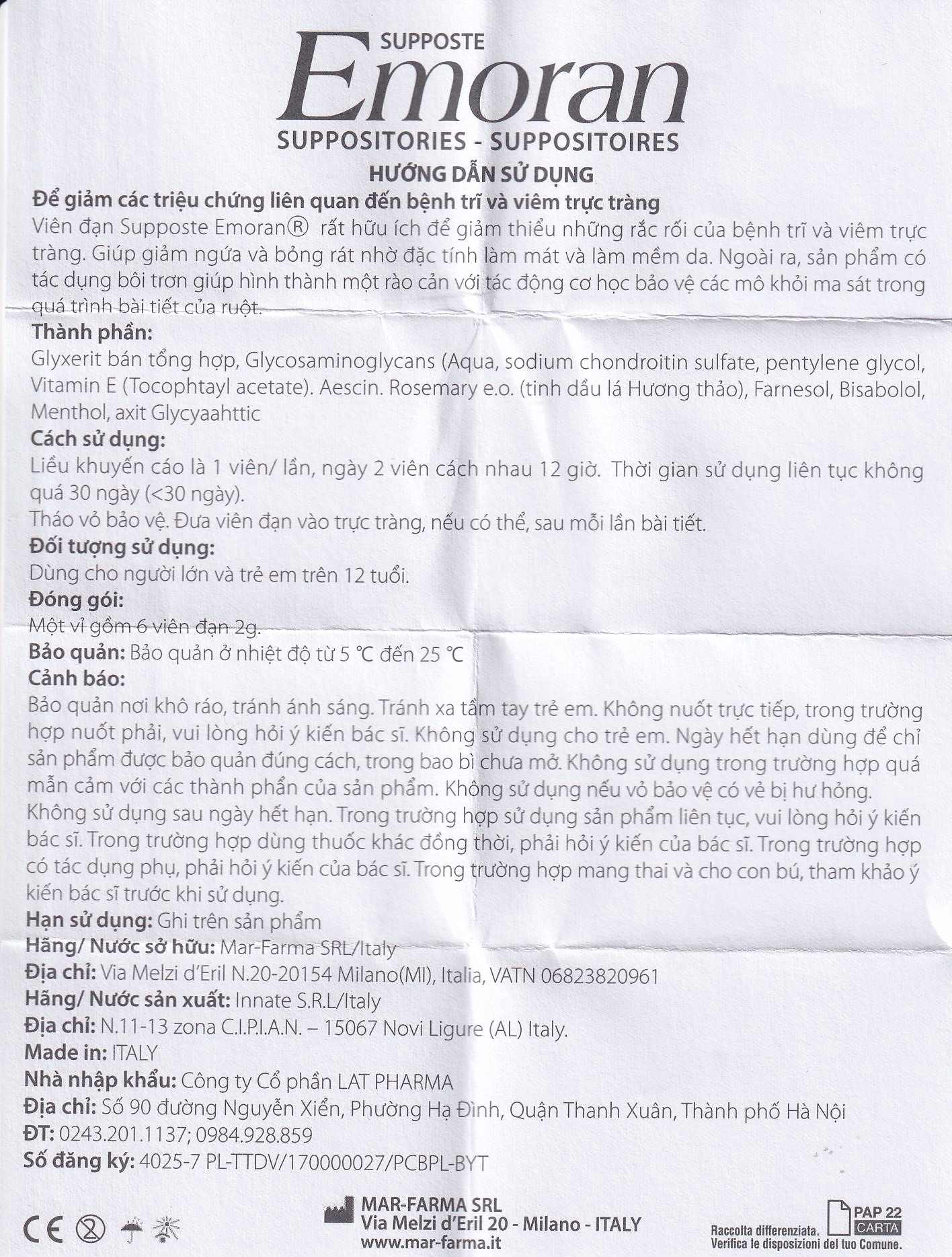 Hình ảnh Viên đặt Supposte Emoran giảm các triệu chứng của bệnh trĩ, viêm trực tràng (6 viên)