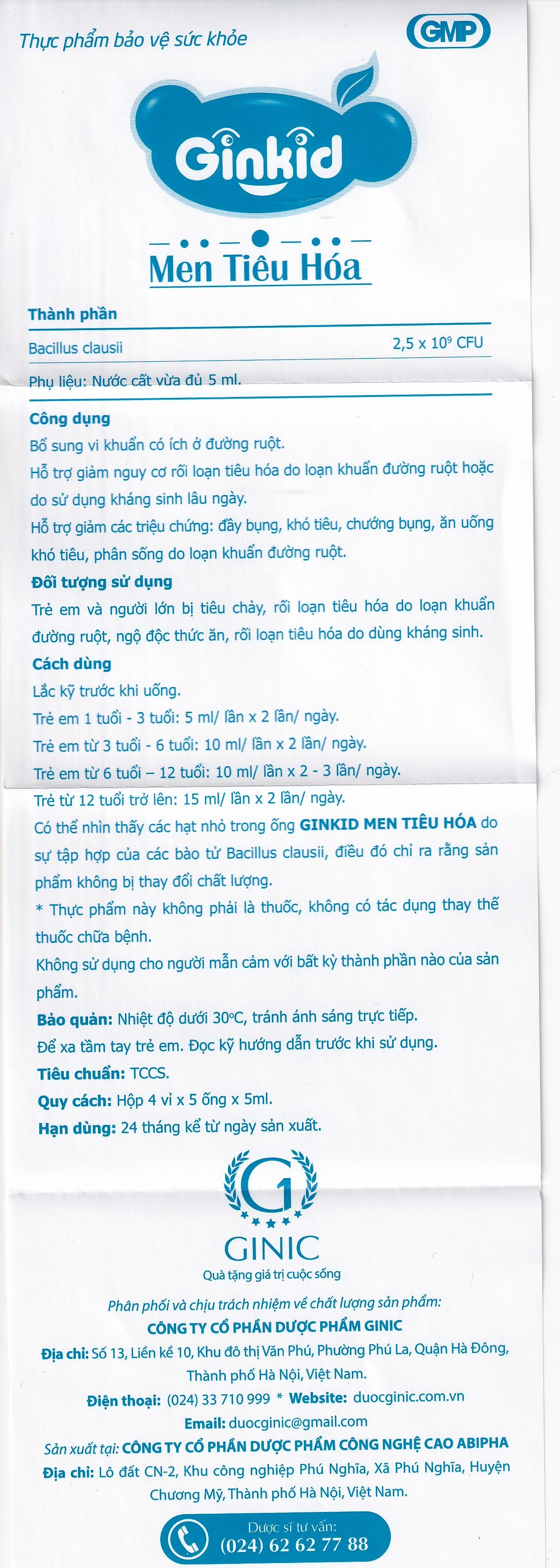Hình ảnh Men Tiêu Hoá Ginkid GINIC bổ sung vi khuẩn có ích ở đường ruột (4 vỉ x 5 ống x 5ml)