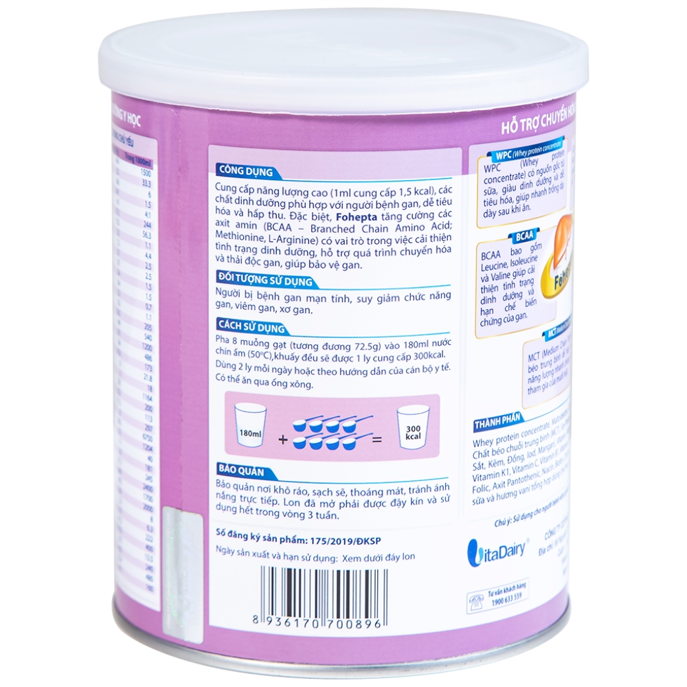 Hình ảnh Sữa bột Fohepta Vitadairy dinh dưỡng dành cho bệnh nhân gan (400g)