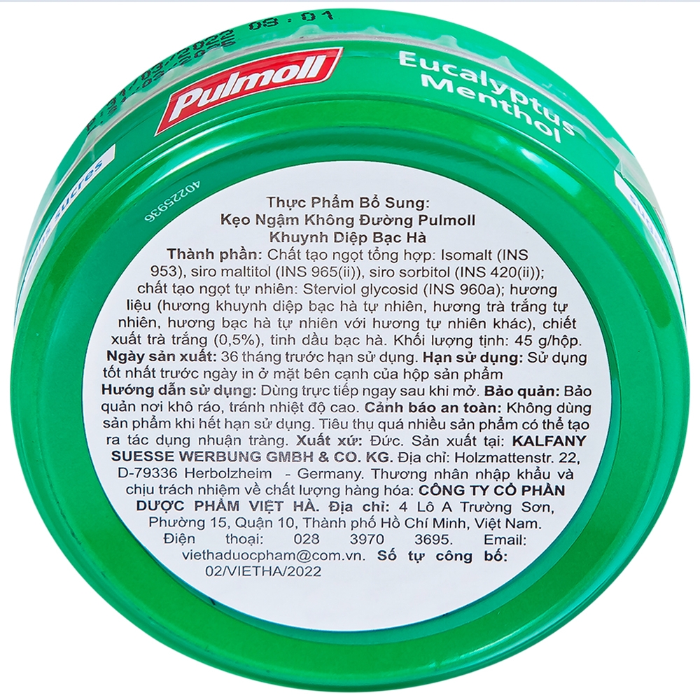 Hình ảnh Kẹo ngậm không đường Pulmoll Vị Khuynh Diệp Bạc Hà hỗ trợ làm dịu họng và giảm ho (45g)
