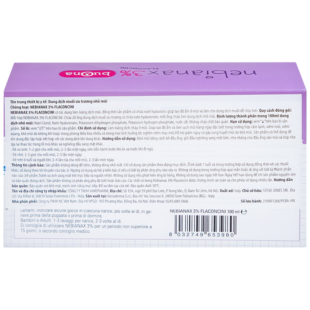Hình ảnh Dung dịch muối ưu trương nhỏ mũi Buona Nebianax 3% làm loãng dịch nhầy ở mũi (20 ống)