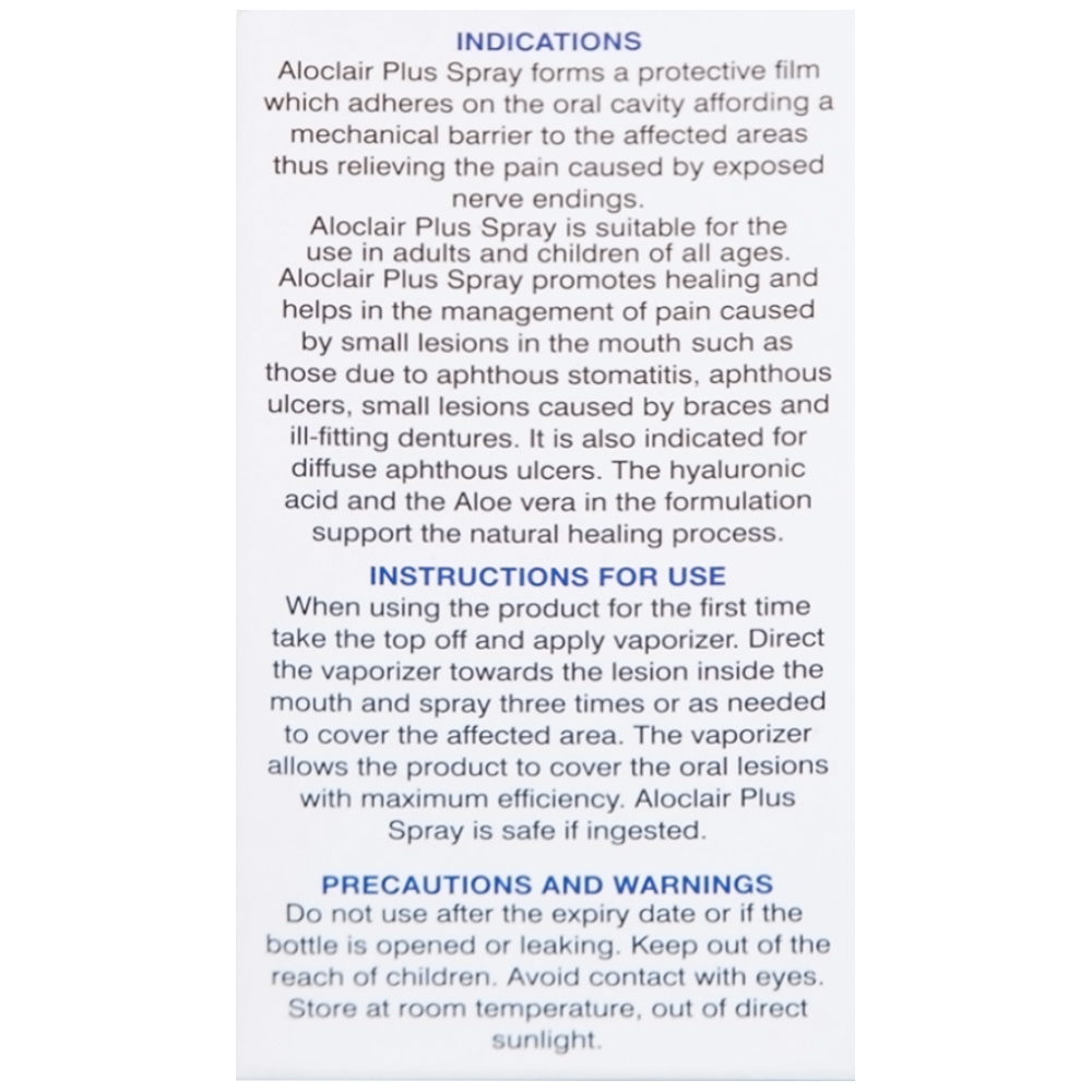 Hình ảnh Chai xịt Aloclair Plus Spray giảm đau nhanh bệnh tay chân miệng, nhiệt miệng, chỉnh nha, nhổ răng (15ml)