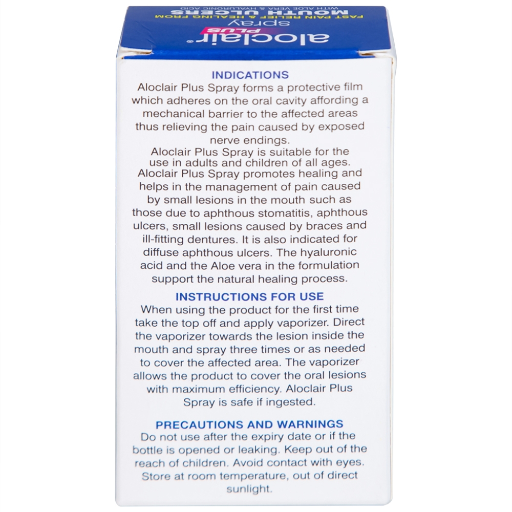 Hình ảnh Chai xịt Aloclair Plus Spray giảm đau nhanh bệnh tay chân miệng, nhiệt miệng, chỉnh nha, nhổ răng (15ml)