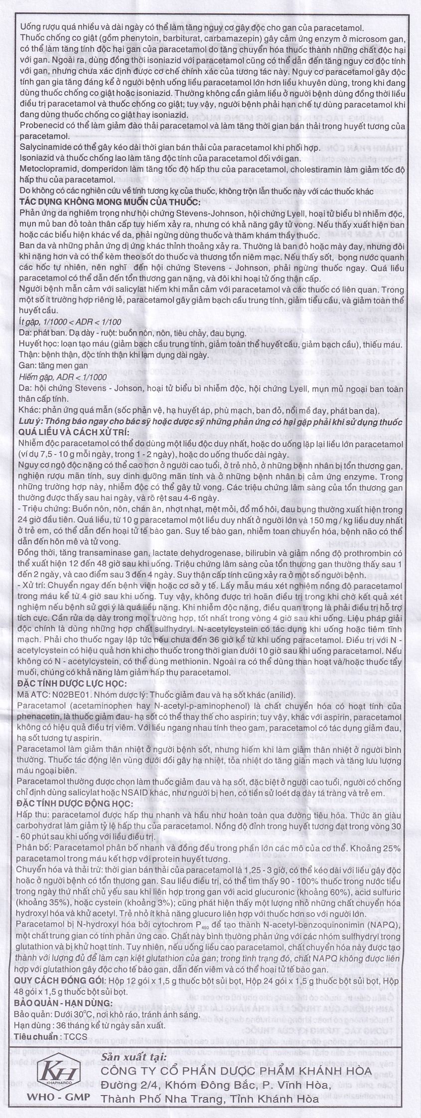 Hình ảnh Bột sủi Panactol 250mg Khapharco vị ngọt, không đắng, hạ sốt, giảm đau cho trẻ (48 gói x 1.5g)