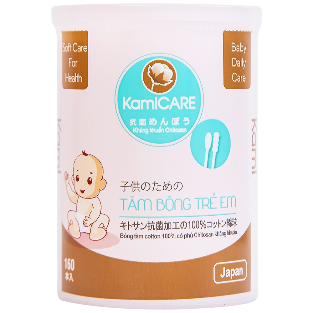 Hình ảnh Tăm bông kháng khuẩn KamiCare dành cho trẻ em 1 đầu xoắn 1 đầu thường vệ sinh tai, mũi (160 chiếc)