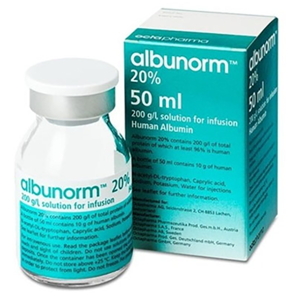 Hình ảnh Dịch truyền Albunorm 20% Octapharma giảm thể tích huyết tương cấp hoặc bán cấp do bỏng (50ml)