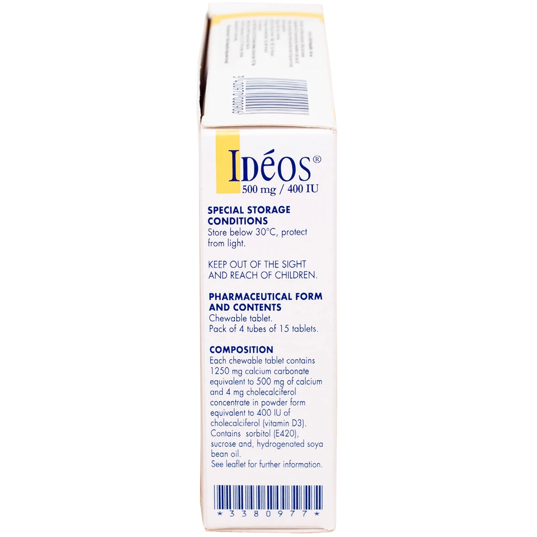 Idéos 500mg/400IU: Viên nhai bổ sung viamin D và canxi