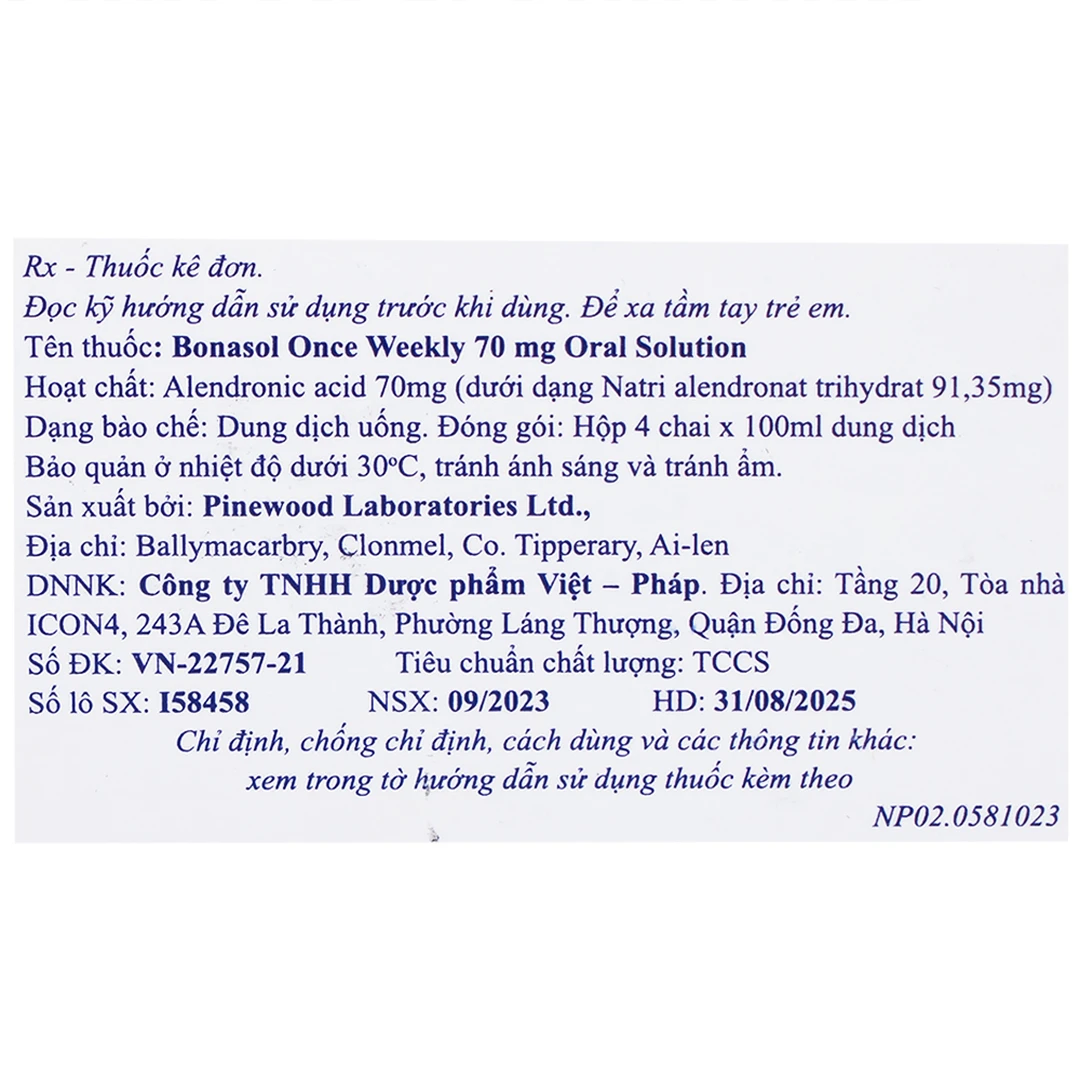 Dung dịch uống Bonasol Once Weekly 70mg Oral Solution Pinewood điều trị ...