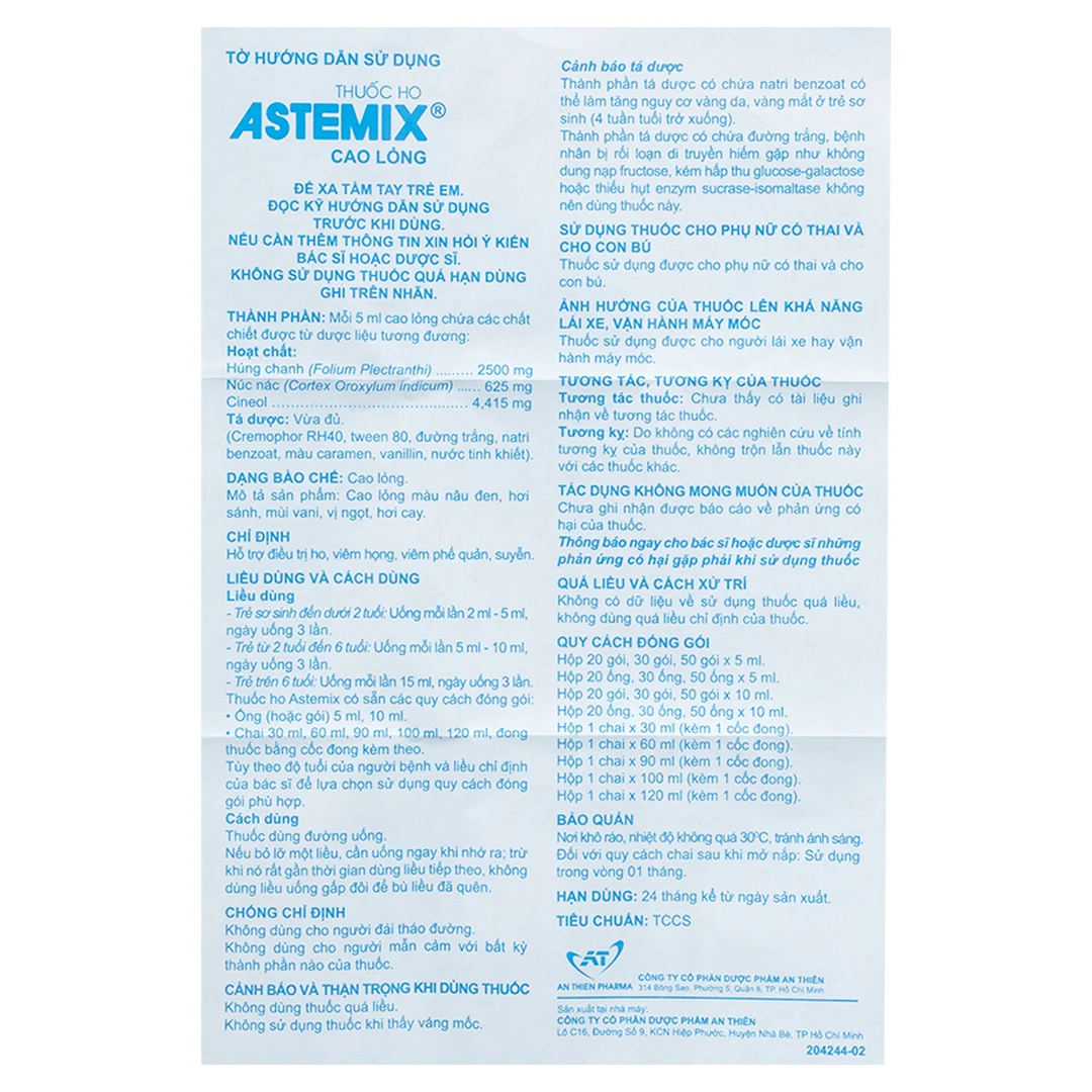 Thuốc ho Astemix An Thiên hỗ trợ điều trị ho, viêm họng, viêm phế quản ...