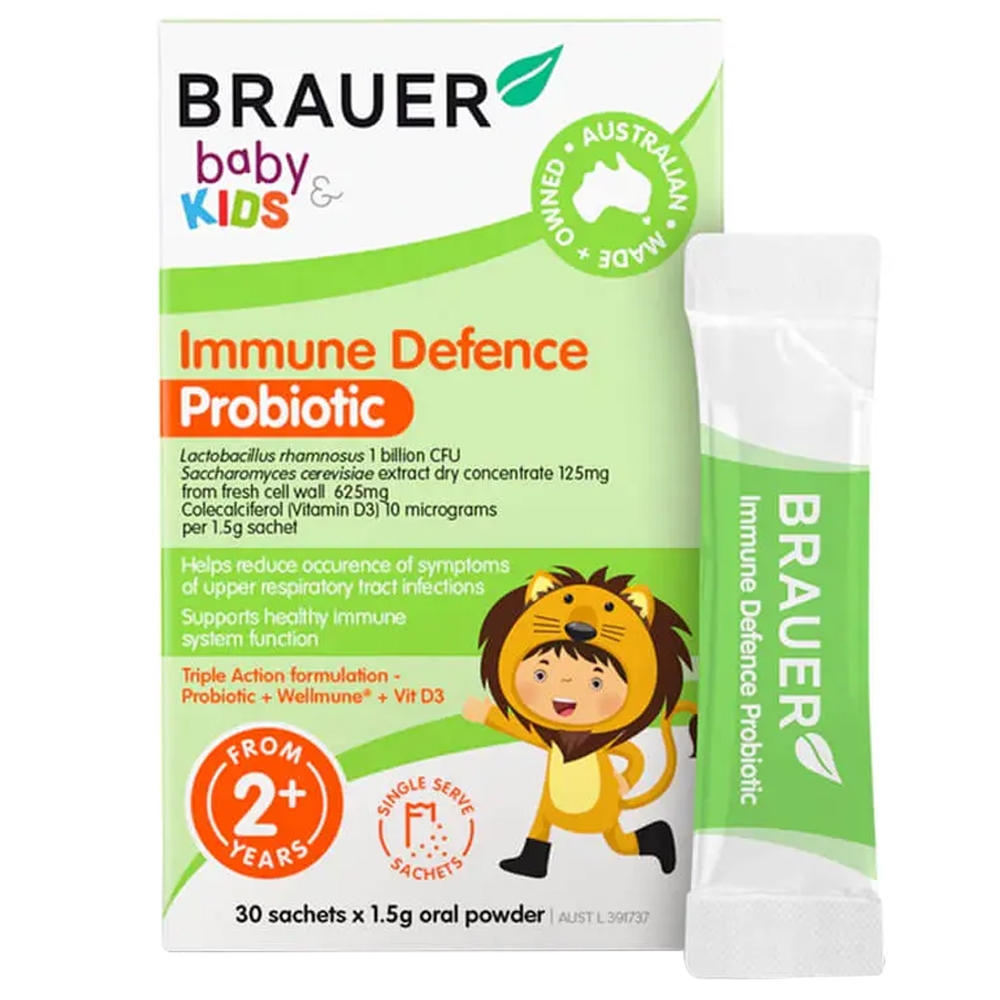 Hình ảnh Men vi sinh Brauer Baby Kids Immune Defence Probiotic giúp làm giảm sự xuất hiện của các triệu chứng viêm đường hô hấp trên ở trẻ (30 gói)