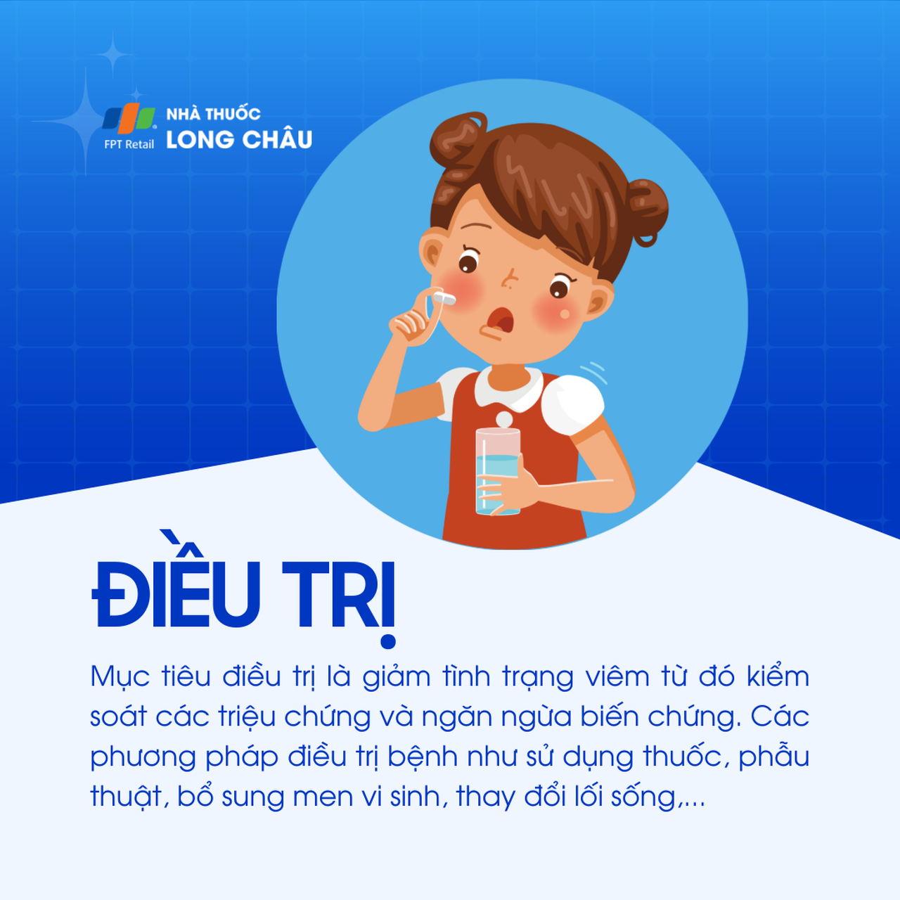 Điều trị Crohn nhằm giảm viêm và kiểm soát triệu chứng bằng thuốc, bổ sung men vi sinh, thay đổi lối sống hoặc phẫu thuật