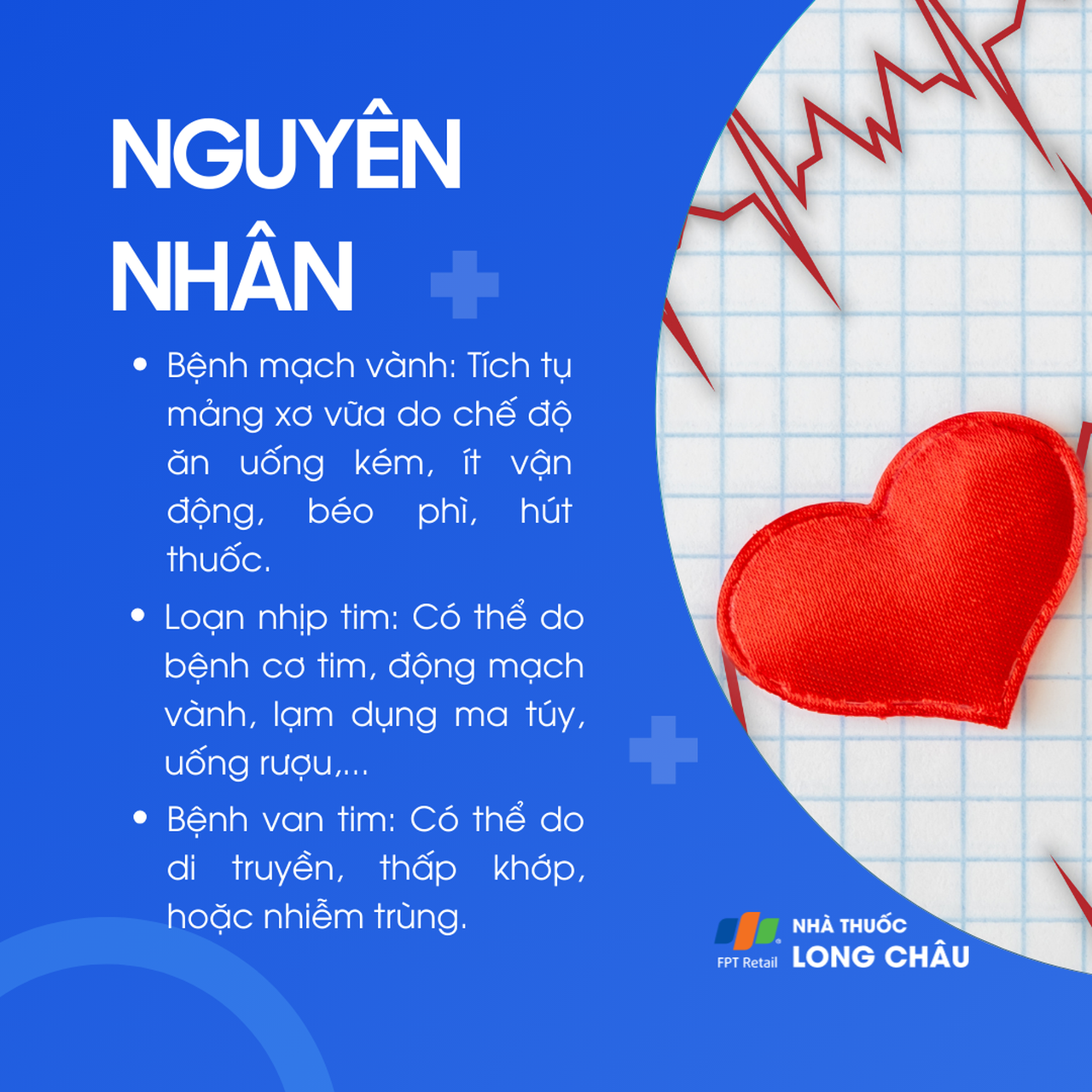 Bệnh mạch vành thường do tích tụ mảng xơ vữa bởi chế độ ăn uống kém, ít vận động, hút thuốc, béo phì; loạn nhịp tim có thể do bệnh cơ tim, động mạch vành, rượu, ma túy