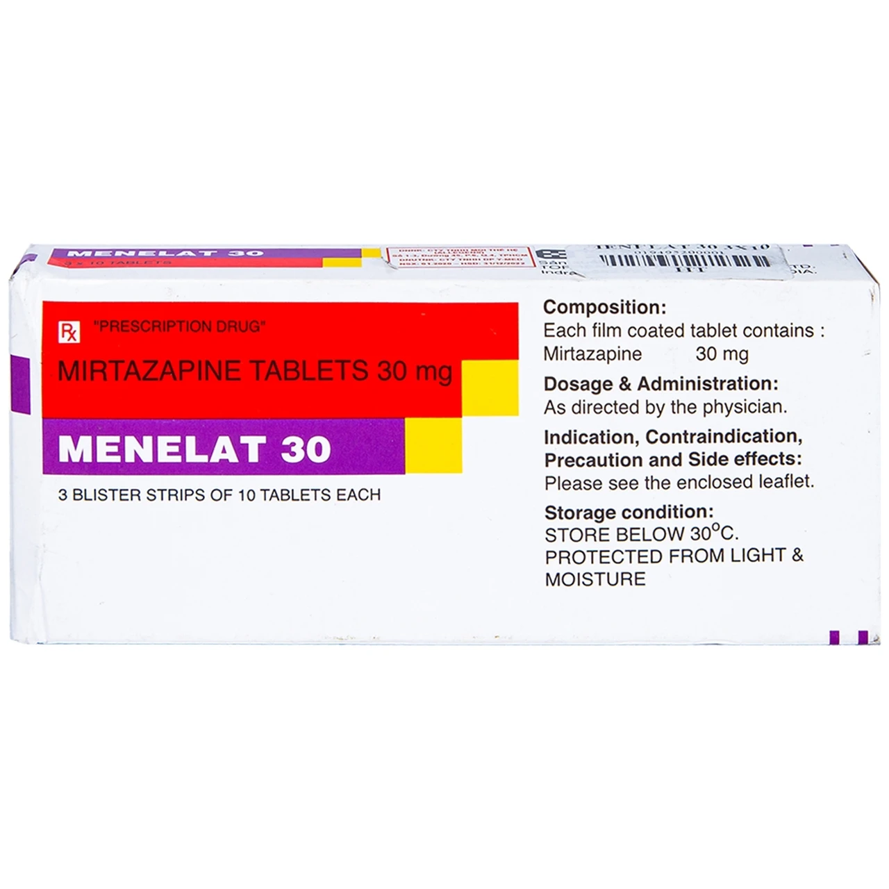 Thuốc Menelat 30mg Torrent điều trị bệnh trầm cảm (3 vỉ x 10 viên)