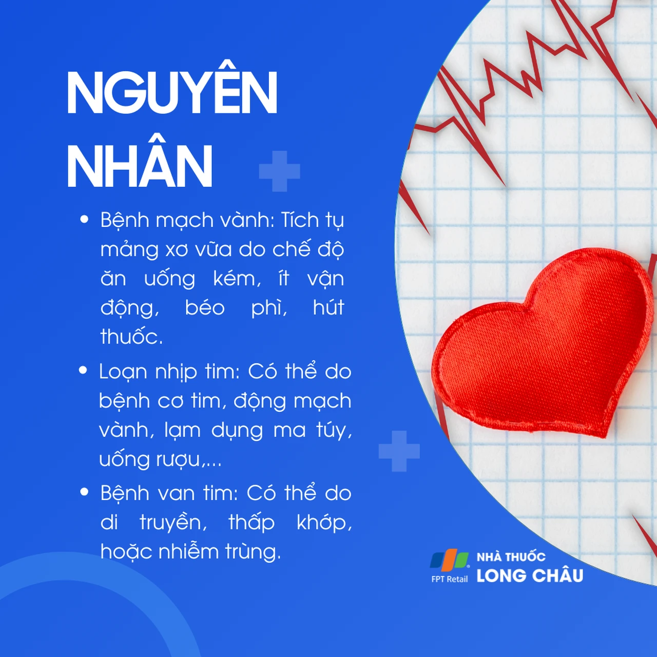 Bệnh mạch vành thường do tích tụ mảng xơ vữa bởi chế độ ăn uống kém, ít vận động, hút thuốc, béo phì; loạn nhịp tim có thể do bệnh cơ tim, động mạch vành, rượu, ma túy