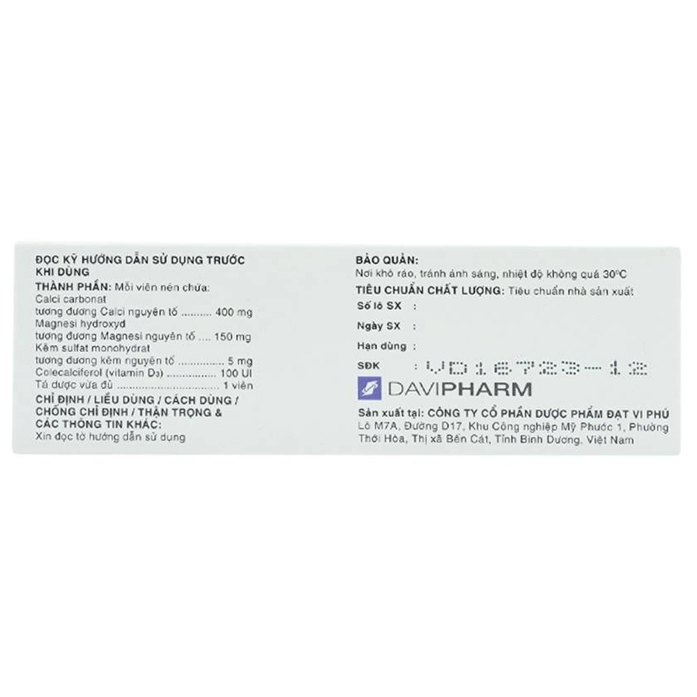 Hình ảnh Thuốc Trixlazi DaviPharm bổ sung canxi, magnesi, kẽm và Vitamin D3 (3 vỉ x 10 viên)
