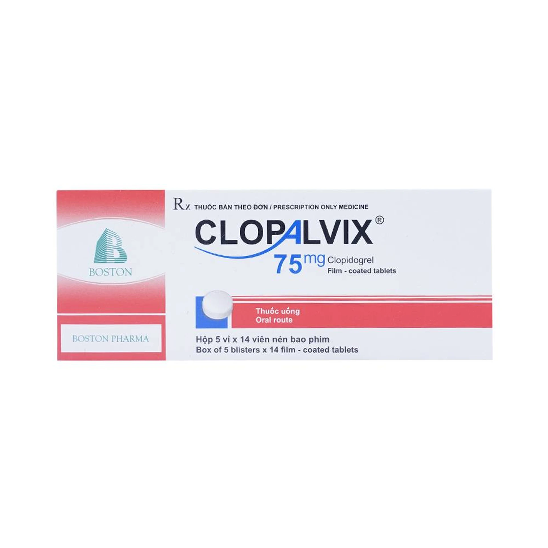Clopalvix 75mg Boston: Thuốc ngừa xơ vữa động mạch (5 vỉ x 14 viên)