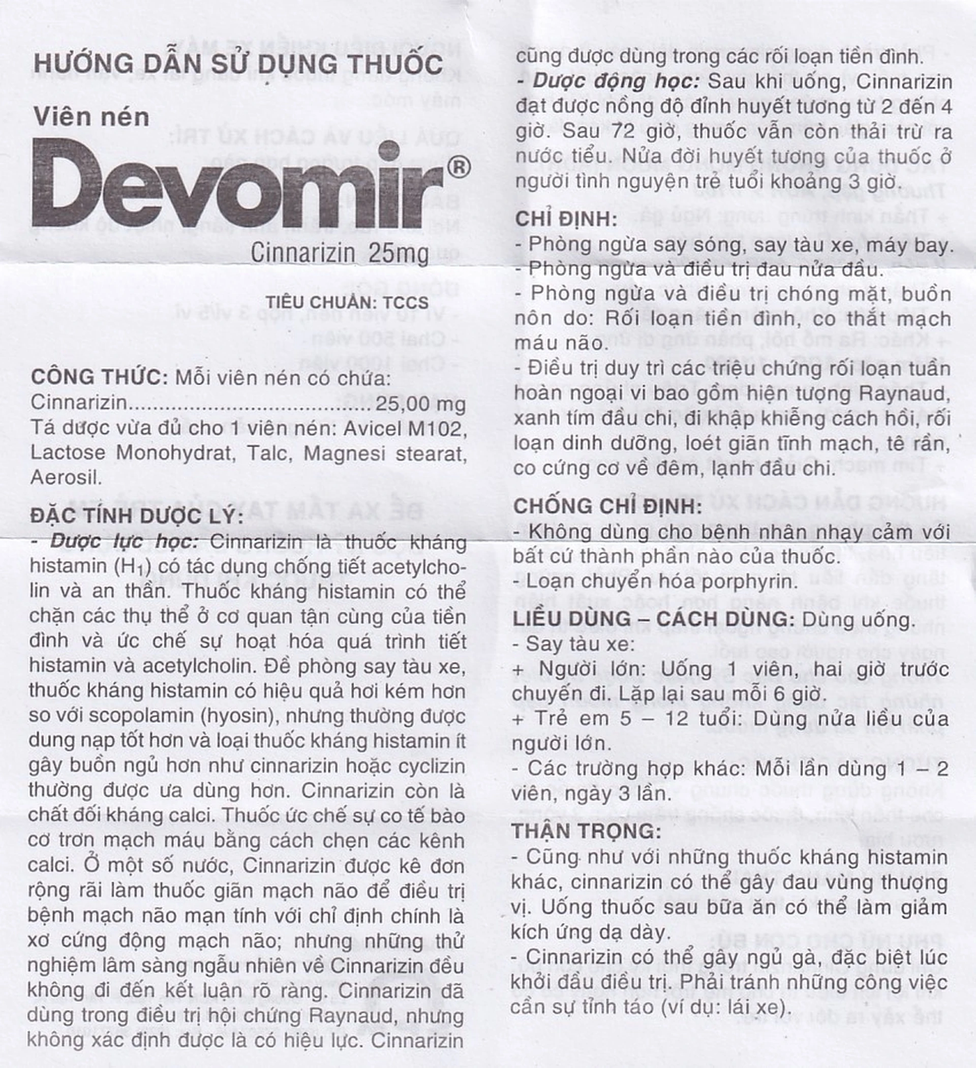 Devomir 25mg - Thuốc chống say xe, trị rối loạn tiền đình