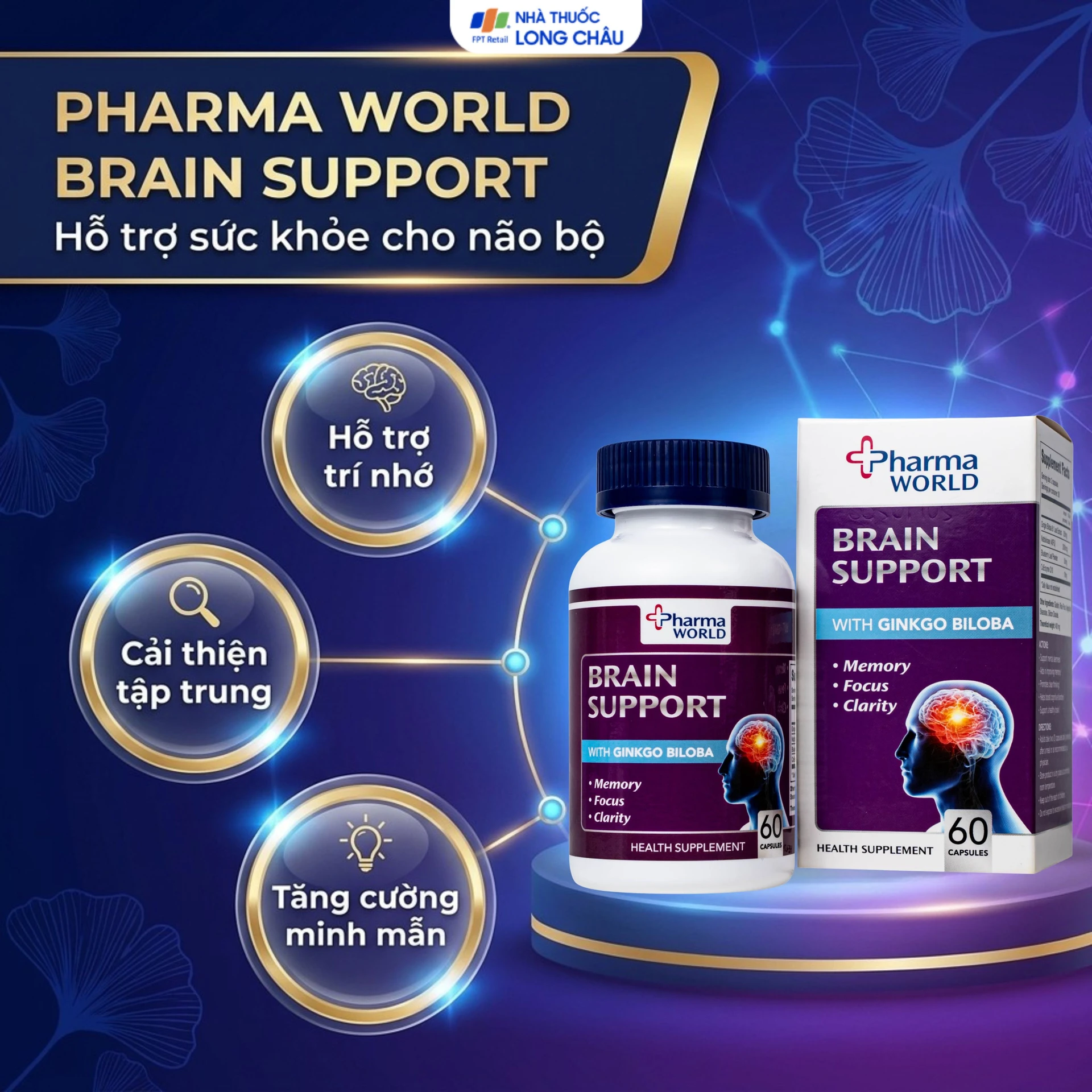 Viên uống Brain Support Pharma World cải thiện trí não (60 viên)