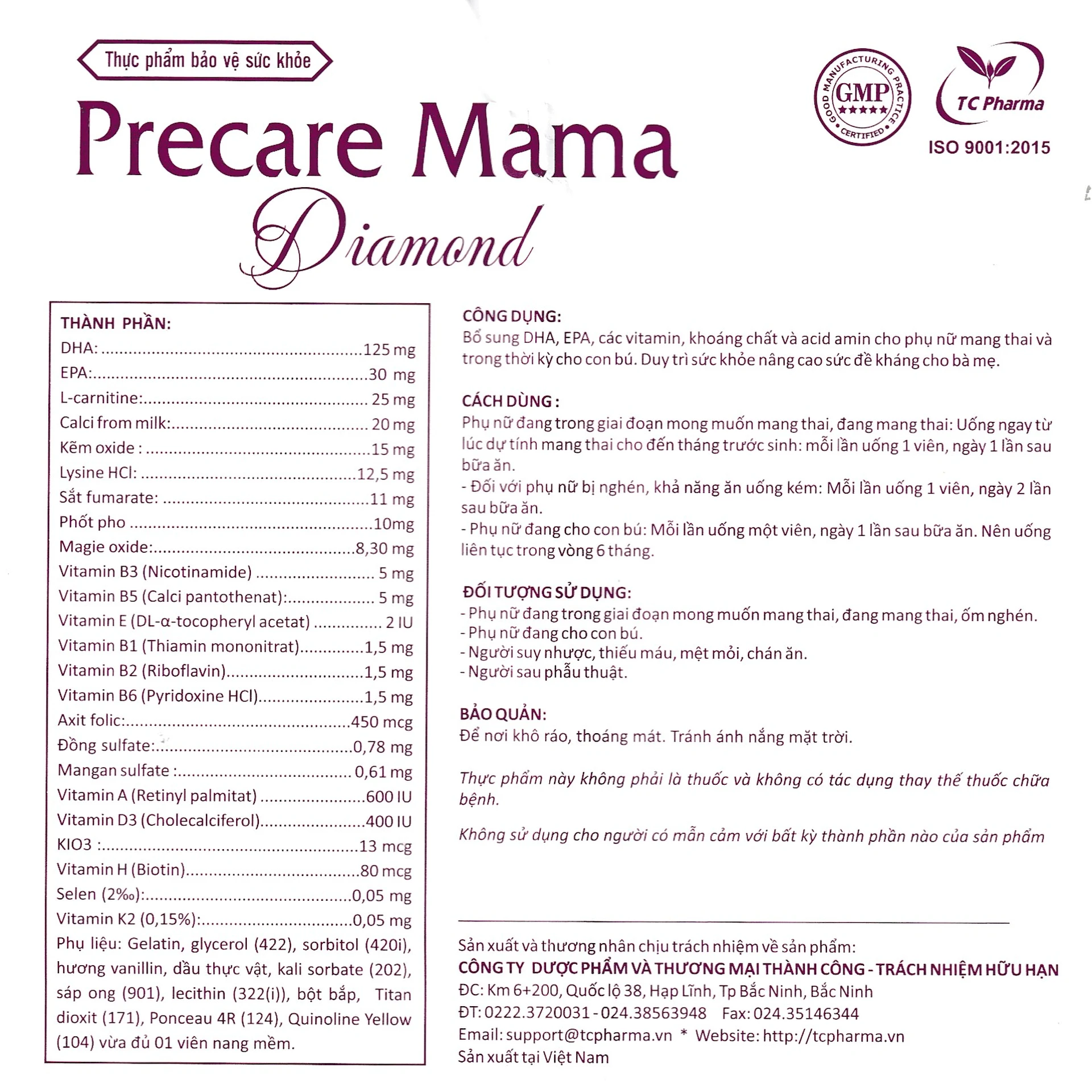 Precare Mama Diamond bổ sung vitamin, khoáng chất cho bà bầu (30 viên)