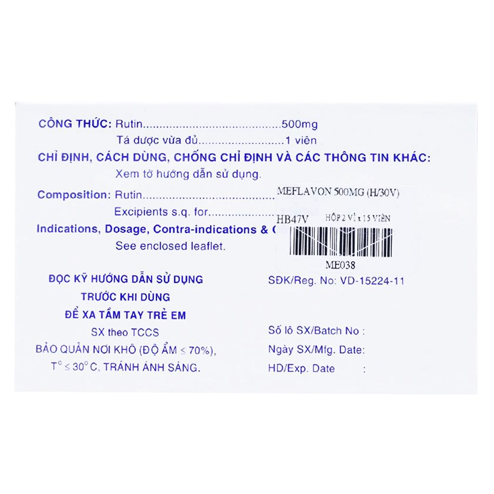 Hình ảnh Viên nén Meflavon 500mg Mekophar điều trị hội chứng chảy máu, xơ cứng mạch máu (2 vỉ x 15 viên)