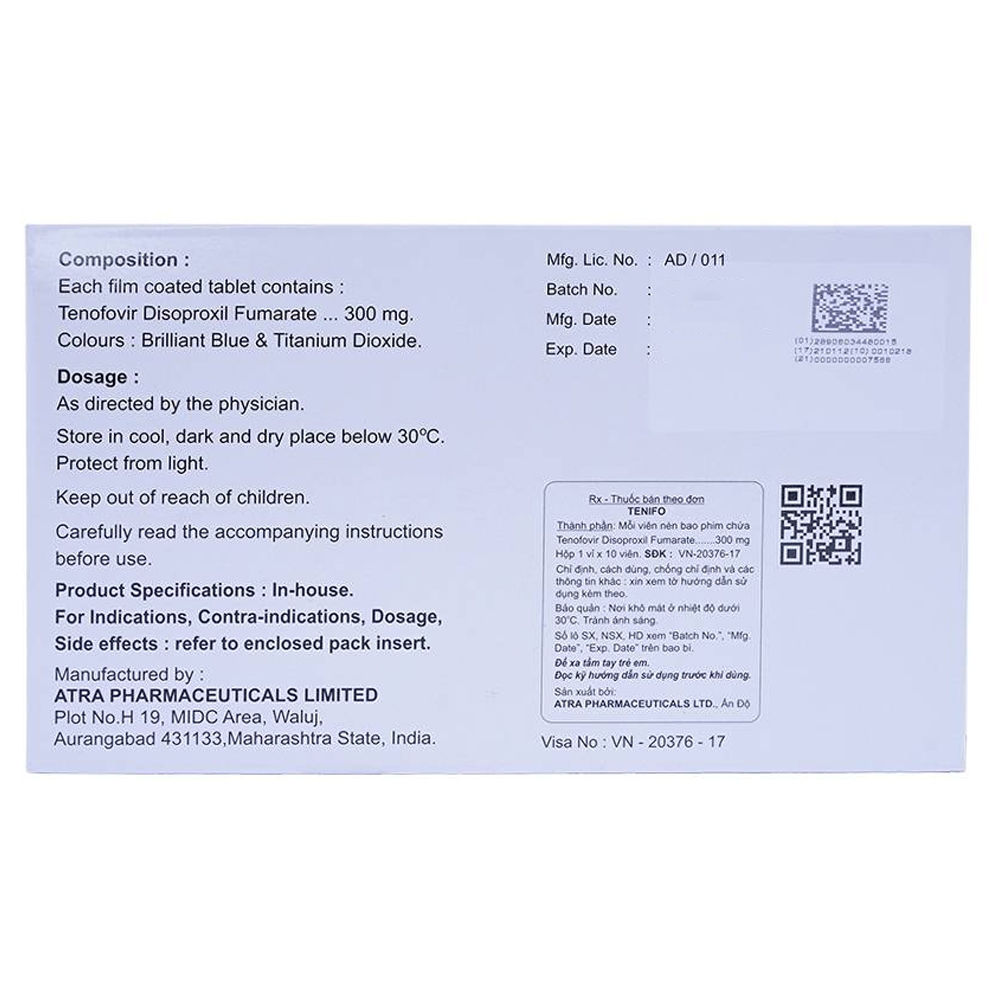 Hình ảnh Thuốc Tenifo Atra điều trị nhiễm HIV-1, viêm gan B (1 vỉ x 10 viên)