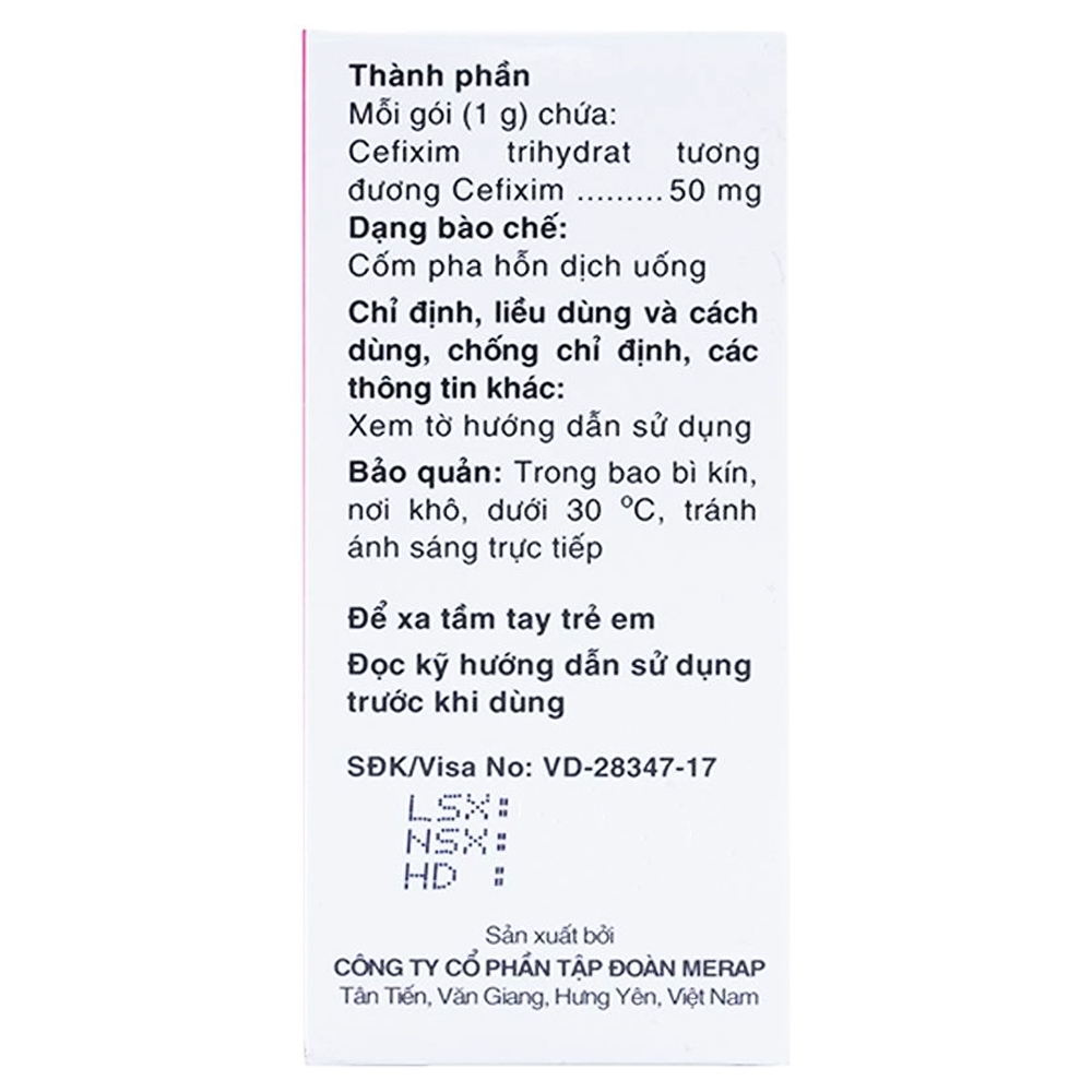 Hình ảnh Cốm pha hỗn dịch uống Mecefix-B.E 50mg Merap điều trị viêm tai giữa, viêm xoang (20 gói)