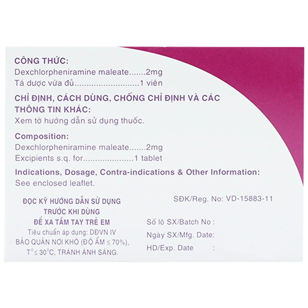 Hình ảnh Viên nén Mekopora 2mg Mekophar điều trị viêm mũi, viêm kết mạc, mày đay (2 vỉ x 15 viên)