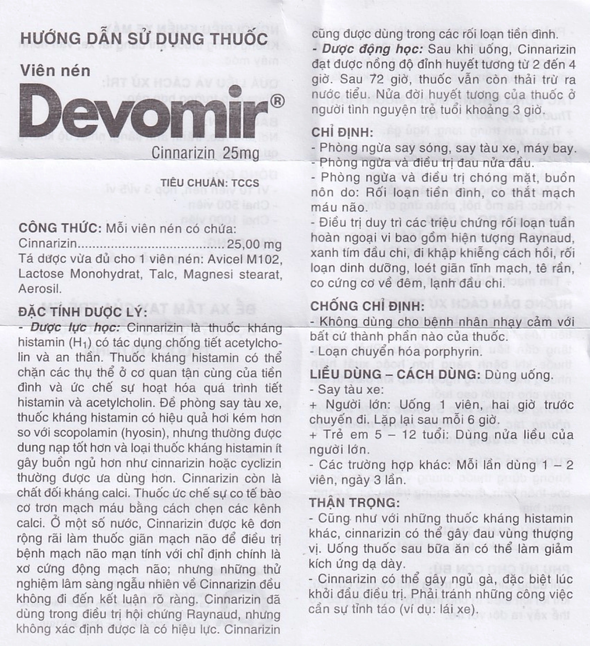 Devomir 25mg - Thuốc chống say xe, trị rối loạn tiền đình