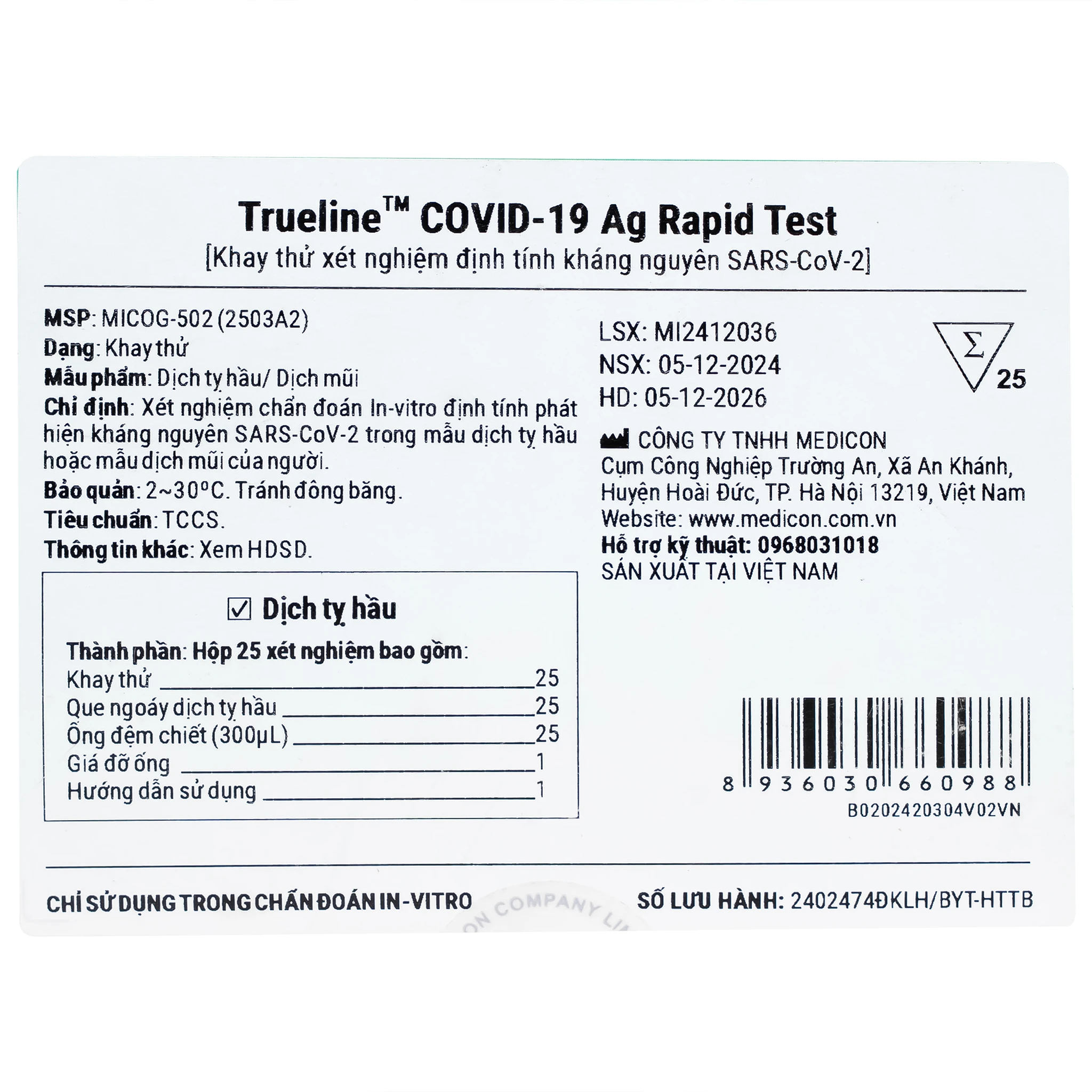 Kit test covid Trueline xét nghiệm kháng nguyên SAR CoV-2