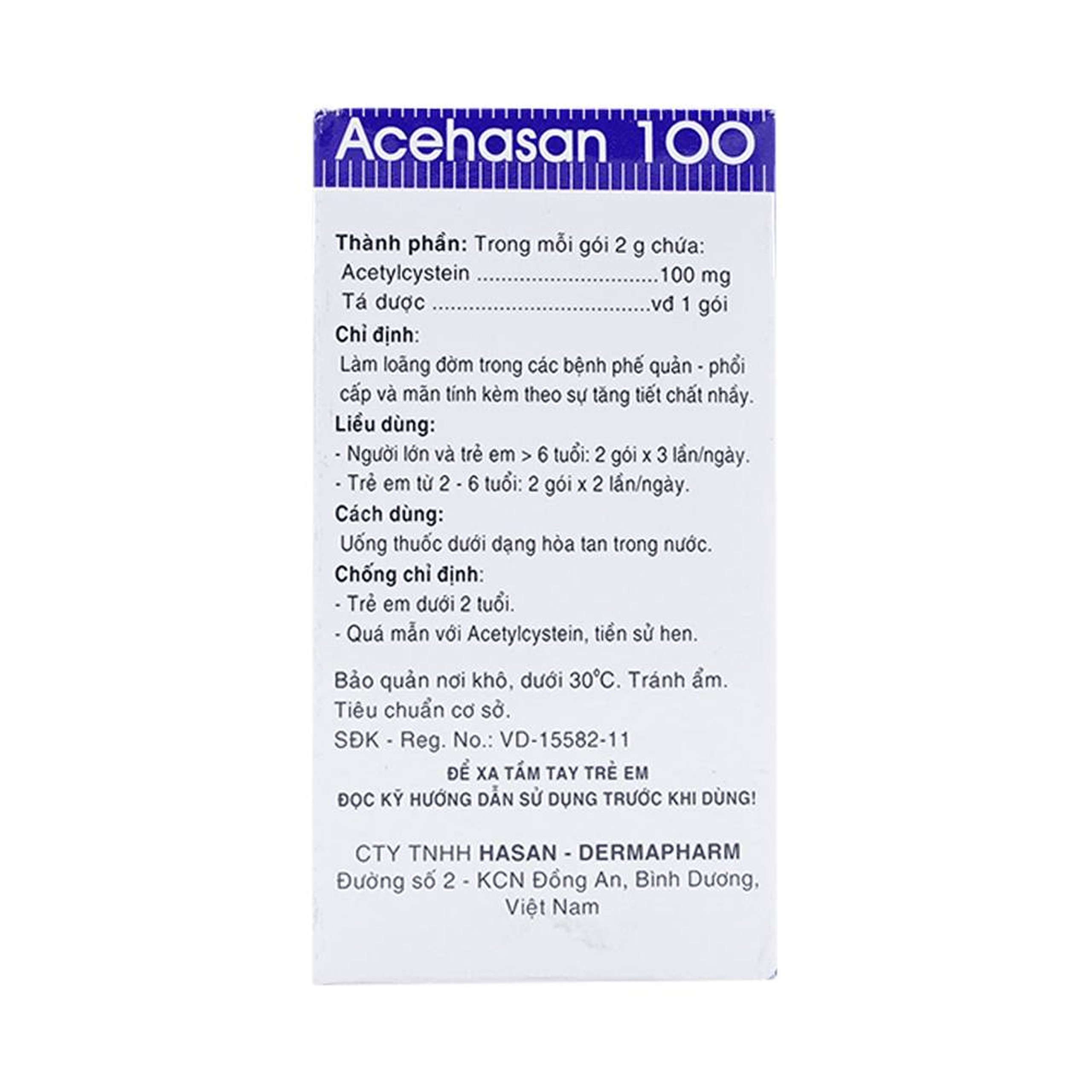 Thuốc bột Acehasan 100 Hasan làm loãng đờm trong các bệnh phế quản - phổi cấp và mãn tính (30 gói)