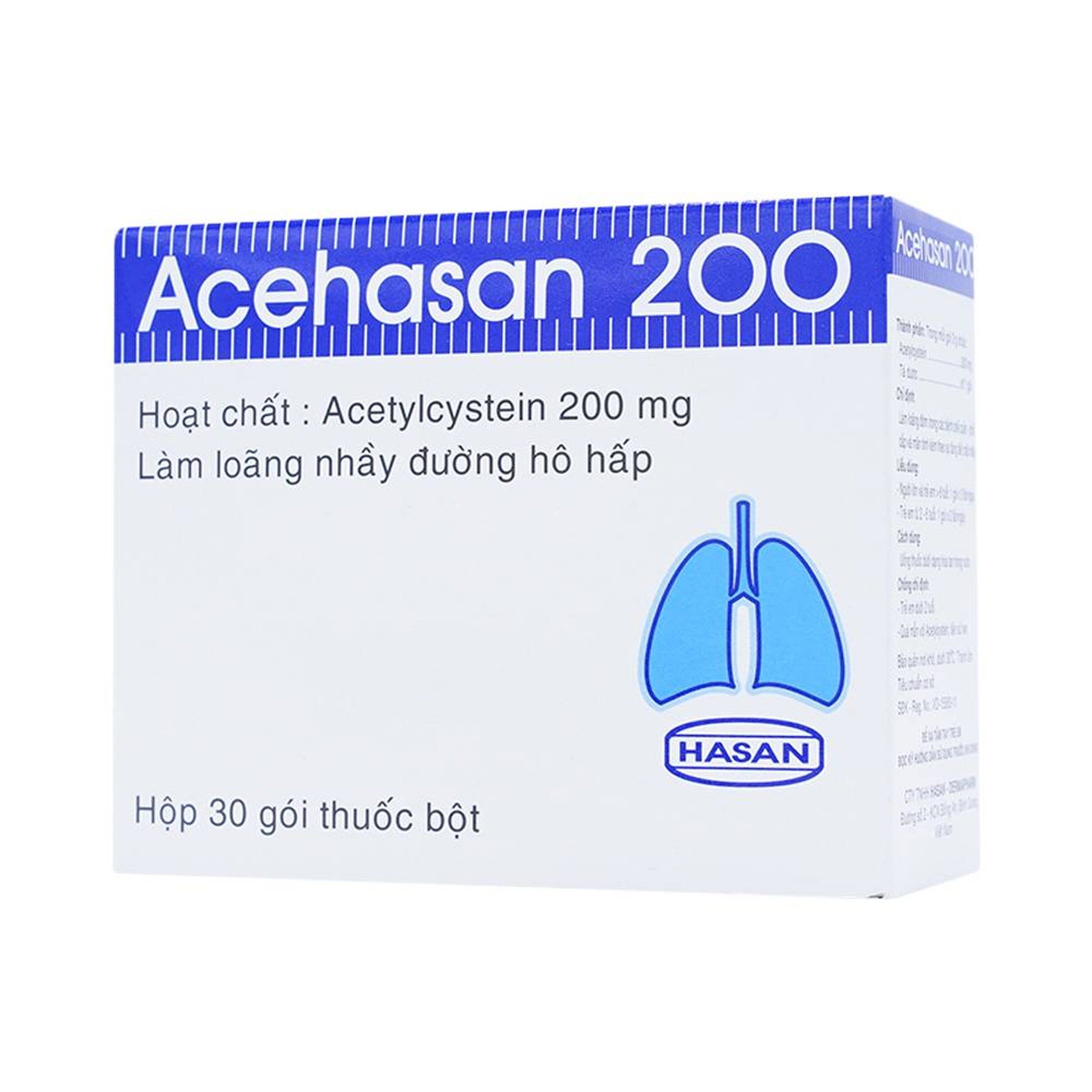 Thuốc Acehasan 200 làm loãng đờm trong các bệnh phế quản - phổi cấp và mãn tính (30 gói)
