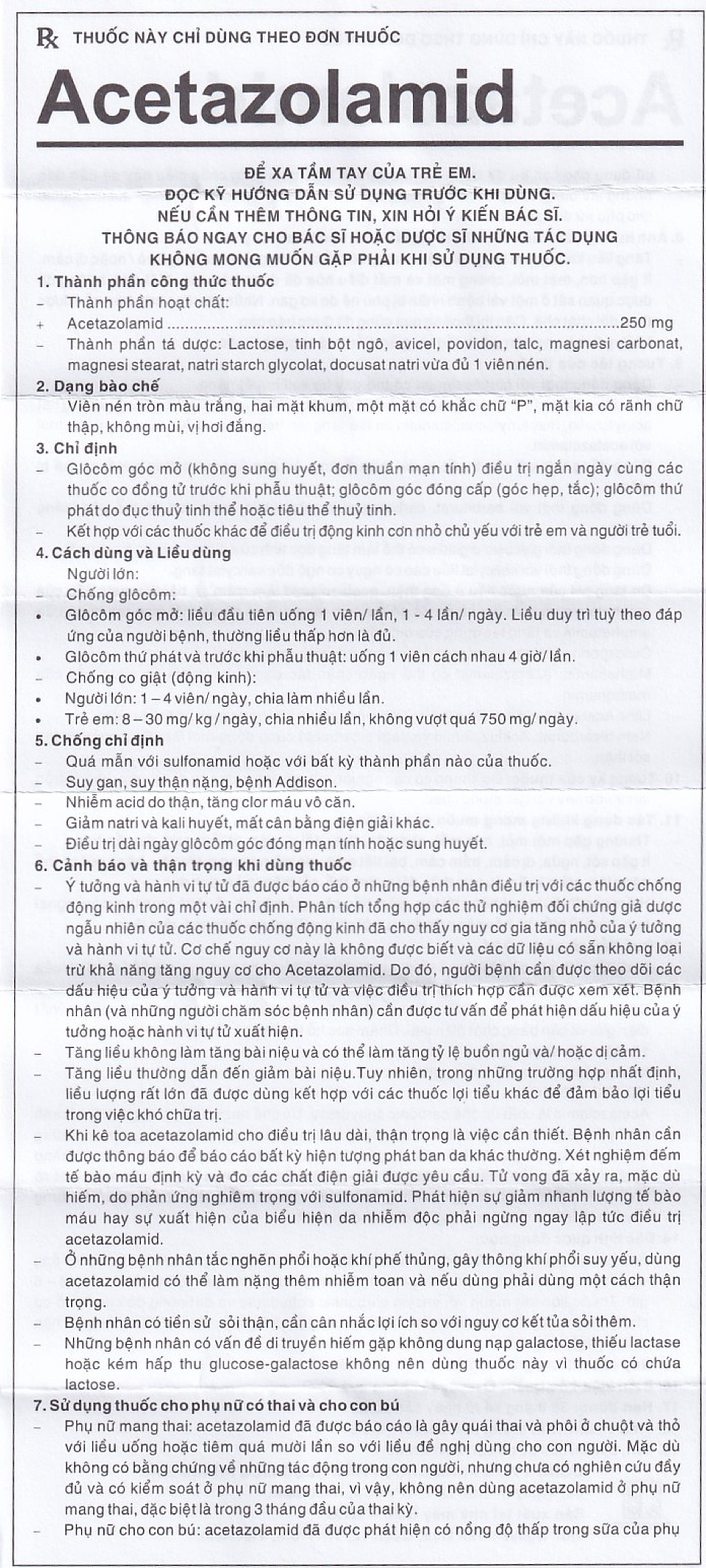 Thuốc Acetazolamid 250mg Pharmedic điều trị glôcôm và động kinh nhẹ (10 vỉ x 10 viên)