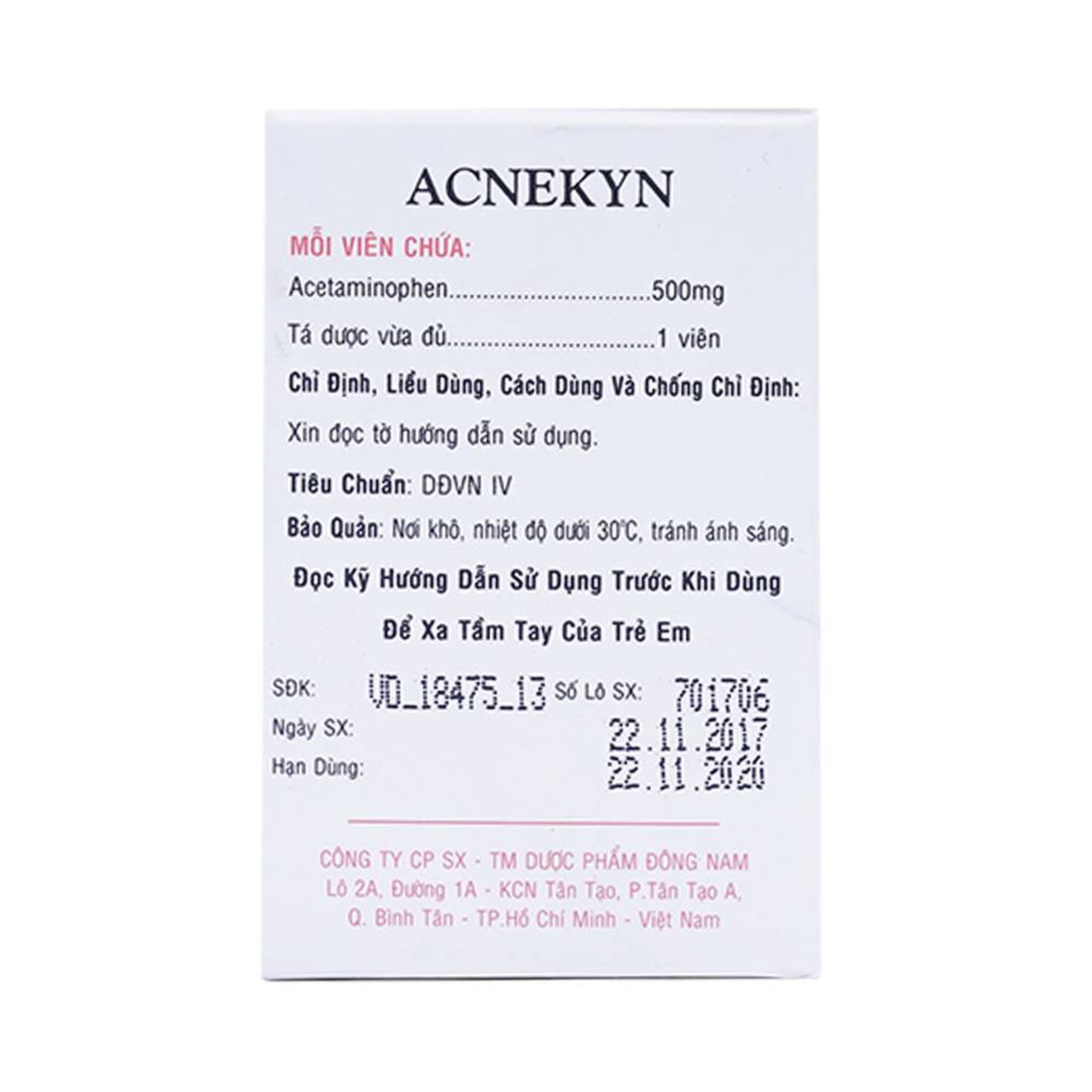 Thuốc Acnekyn 500mg Đông Nam điều trị các chứng đau và sốt từ nhẹ đến vừ (10 vỉ x 10 viên)